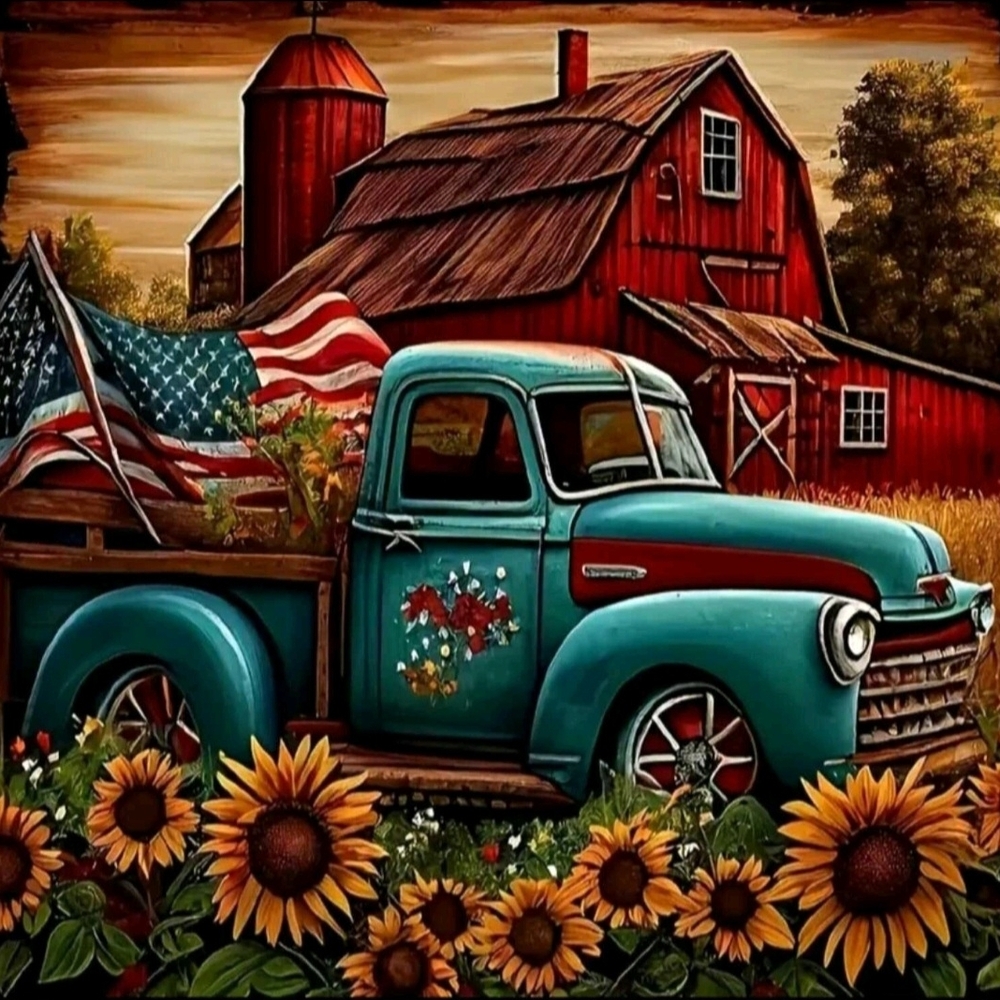 11.8x11.8 DIY Vintage Farmhouse Blue Truck Diamond Art Painting Kit W/Sunflowers